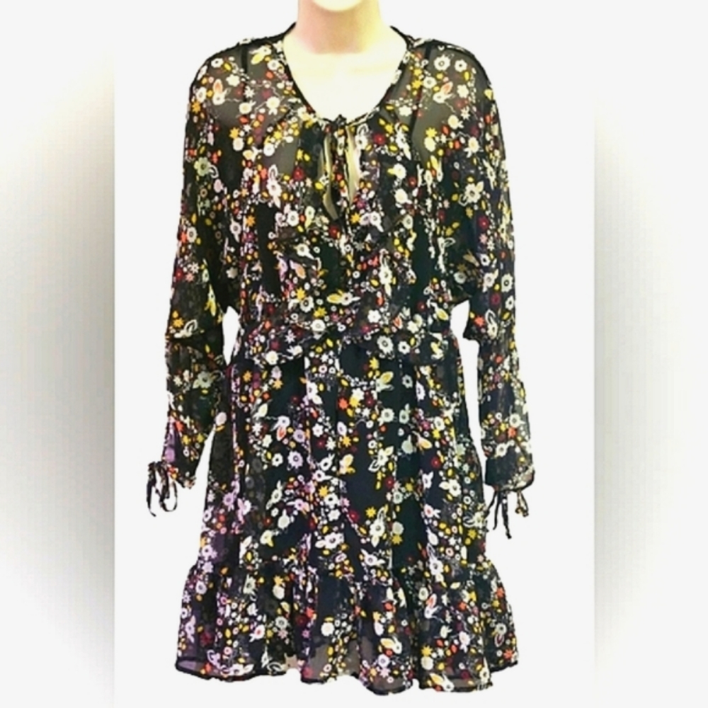 Topshop Black Multi-Color Floral Ruffle Mini Dress w/ Keyhole Tie Closure,Size 8